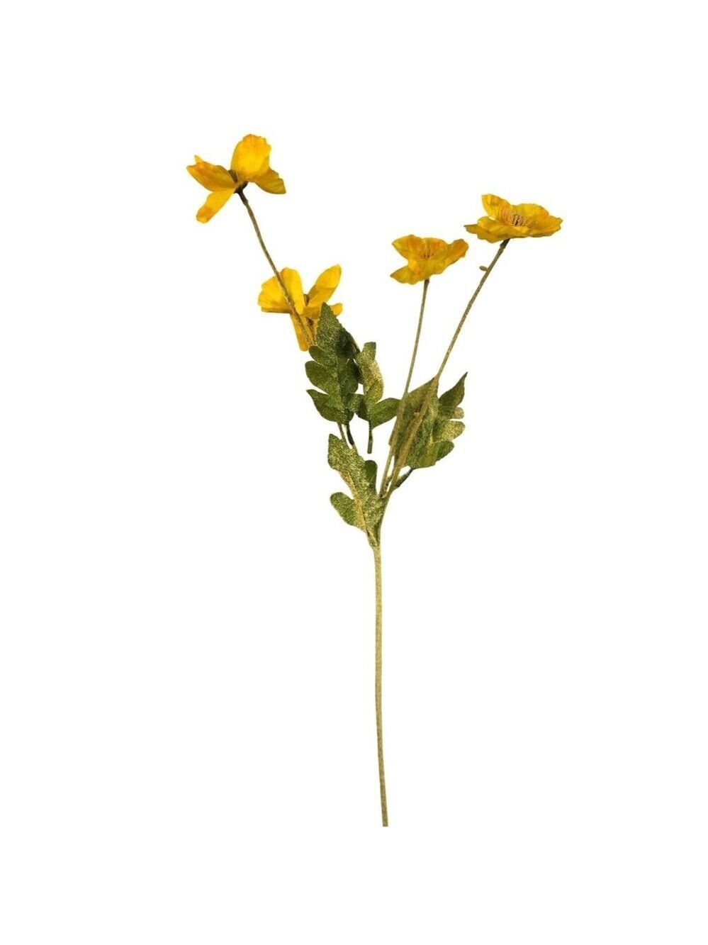 Yellow Artificial Poppy Flower Stems Silk & Plastic Foliage Single Stem Realisti